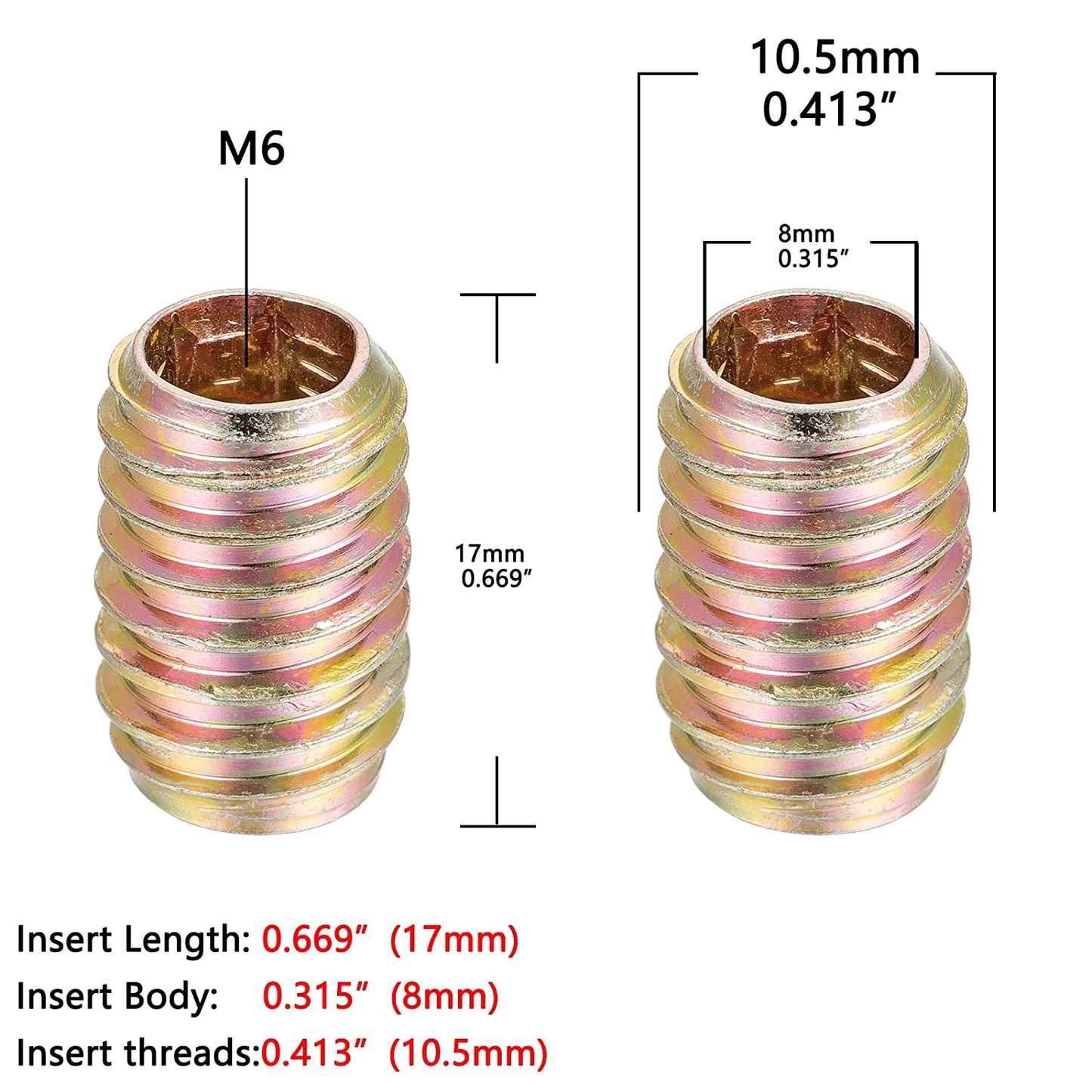 Insertos con Rosca Para Madera M6 X 15mm 10 unidades