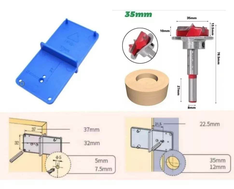 Kit De Broca Forstner de 35 mm Con Tope y Plantilla Para Colocación De Bisagra.